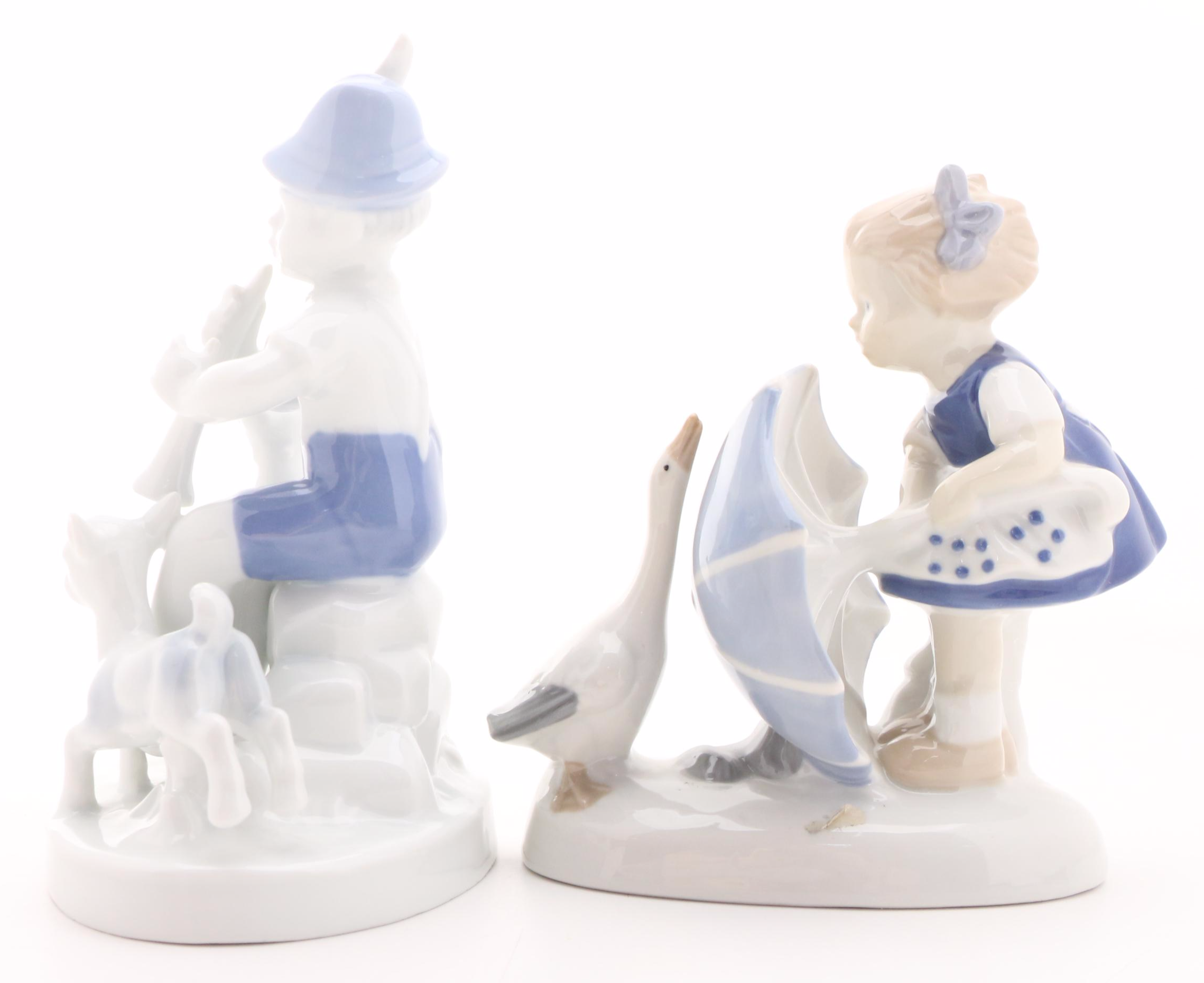 Gerold Porzellan Boy with Flute and Other Girl with Umbrella Porcelain Figurine