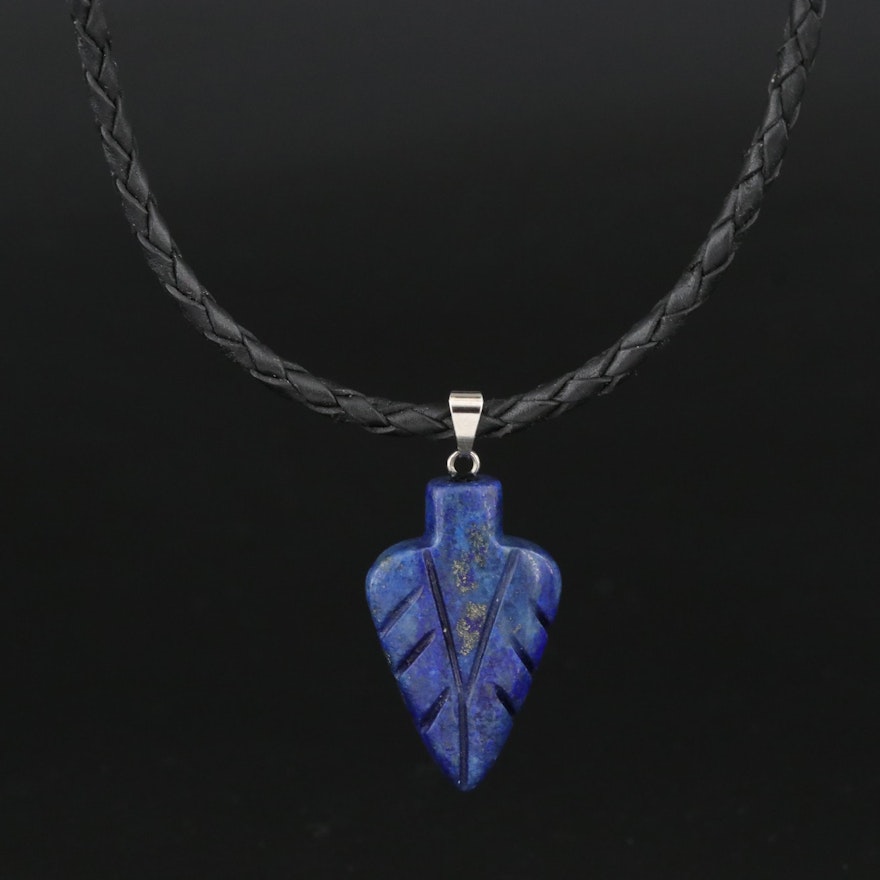 Sterling Carved Lapis Lazuli Arrow Head Pendant Necklace