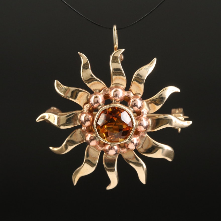 10K Citrine Sunburst Brooch with Rose Gold Accents