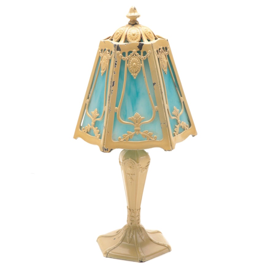 Laco Design Enameled Cast Spelter and Overlay on Blue Slag Glass Lamp