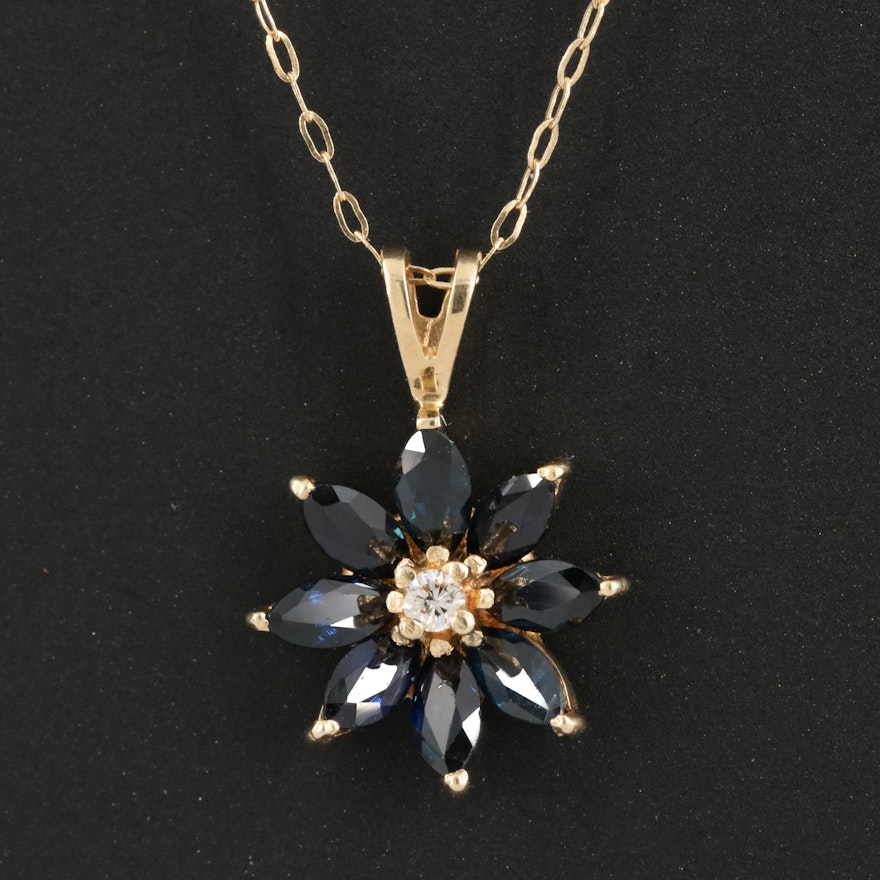 14K Sapphire and Diamond Floral Pendant Necklace