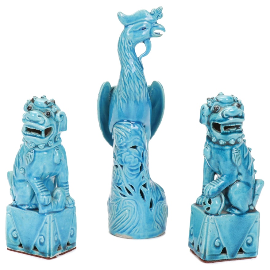 Chinese Style Turquoise Glaze Ceramic Guardian Lions and Phoenix