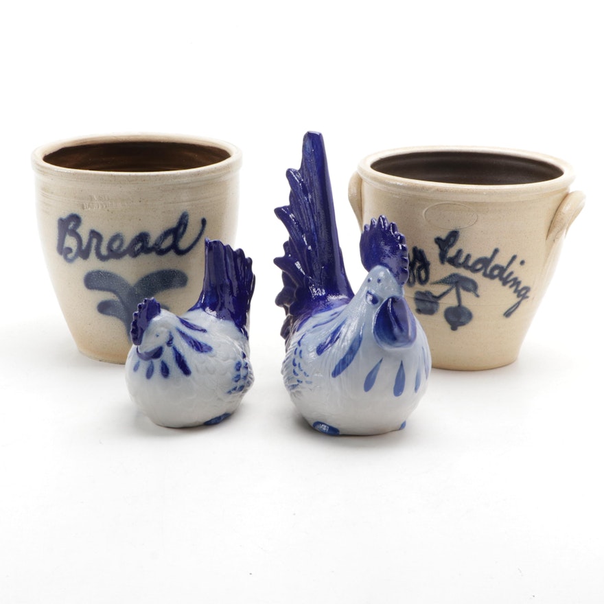 Eldreth Pottery Hollow Mold Chicken Figures, Stebner Salt Glazed Stoneware Jars