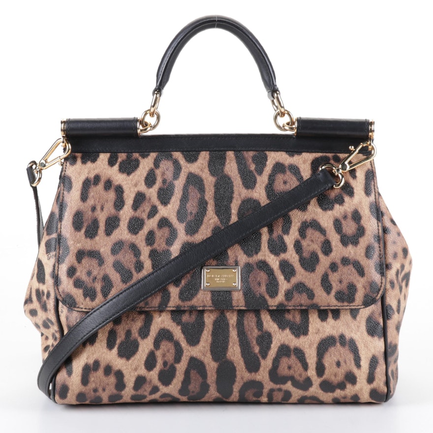 Dolce & Gabbana Miss Sicily Leopard Print and Black Leather Two-Way Bag