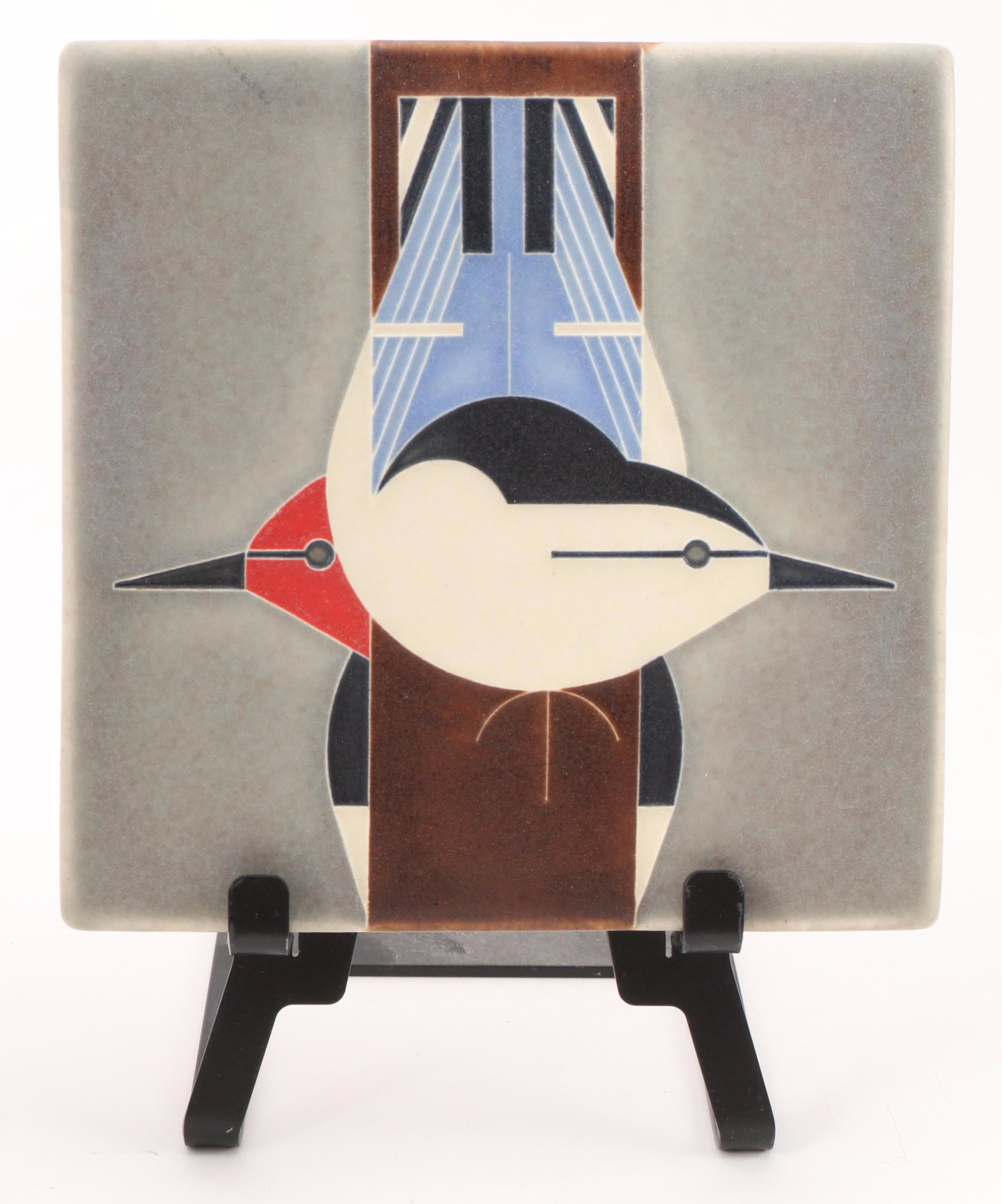 Nawal Motawi "Charley Harper" Minimal Realist Glazed Ceramic Tile with Stand
