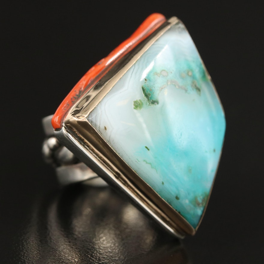 Southwestern Sterling Agate and Coral Ring with 14K Accent