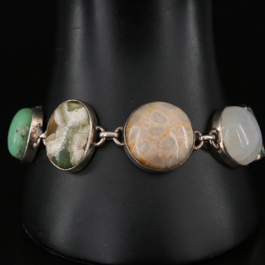 Sterling Seraphinite, Rainbow moonstone and Agate Bracelet