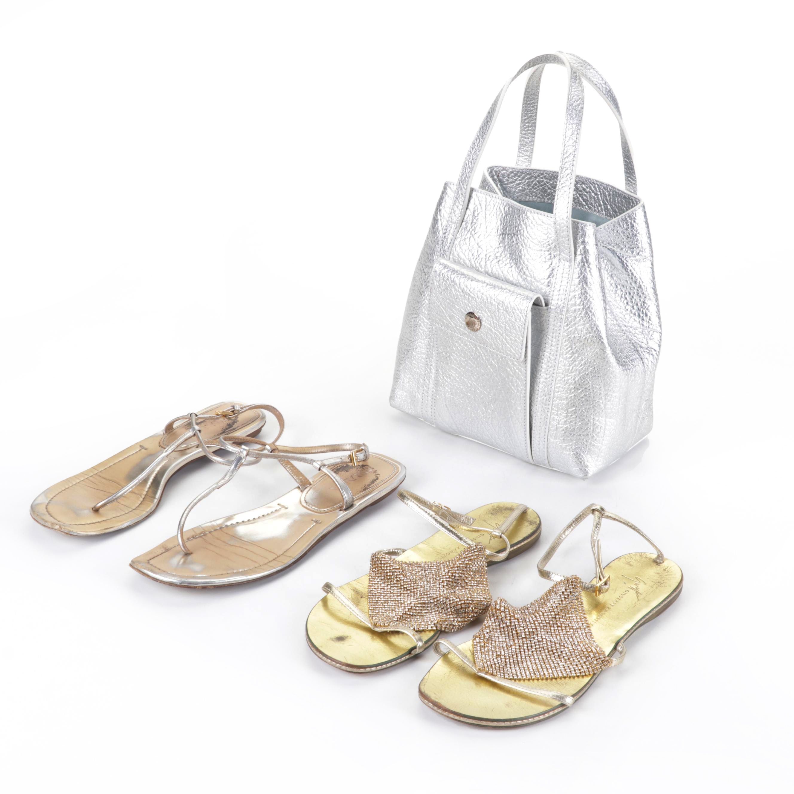 Prada and Giuseppe Zanotti Metallic Leather Sandals with Lambertson Truex Bag