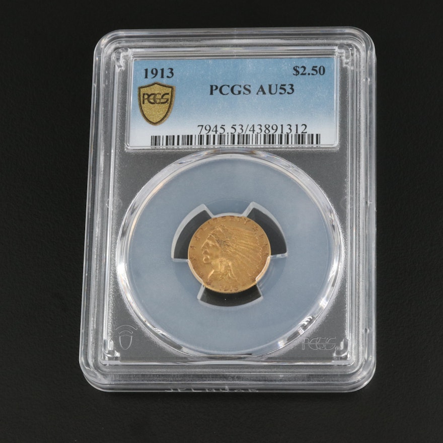 PCGS AU 53 1913 Indian Head $2 1/2 Gold Coin