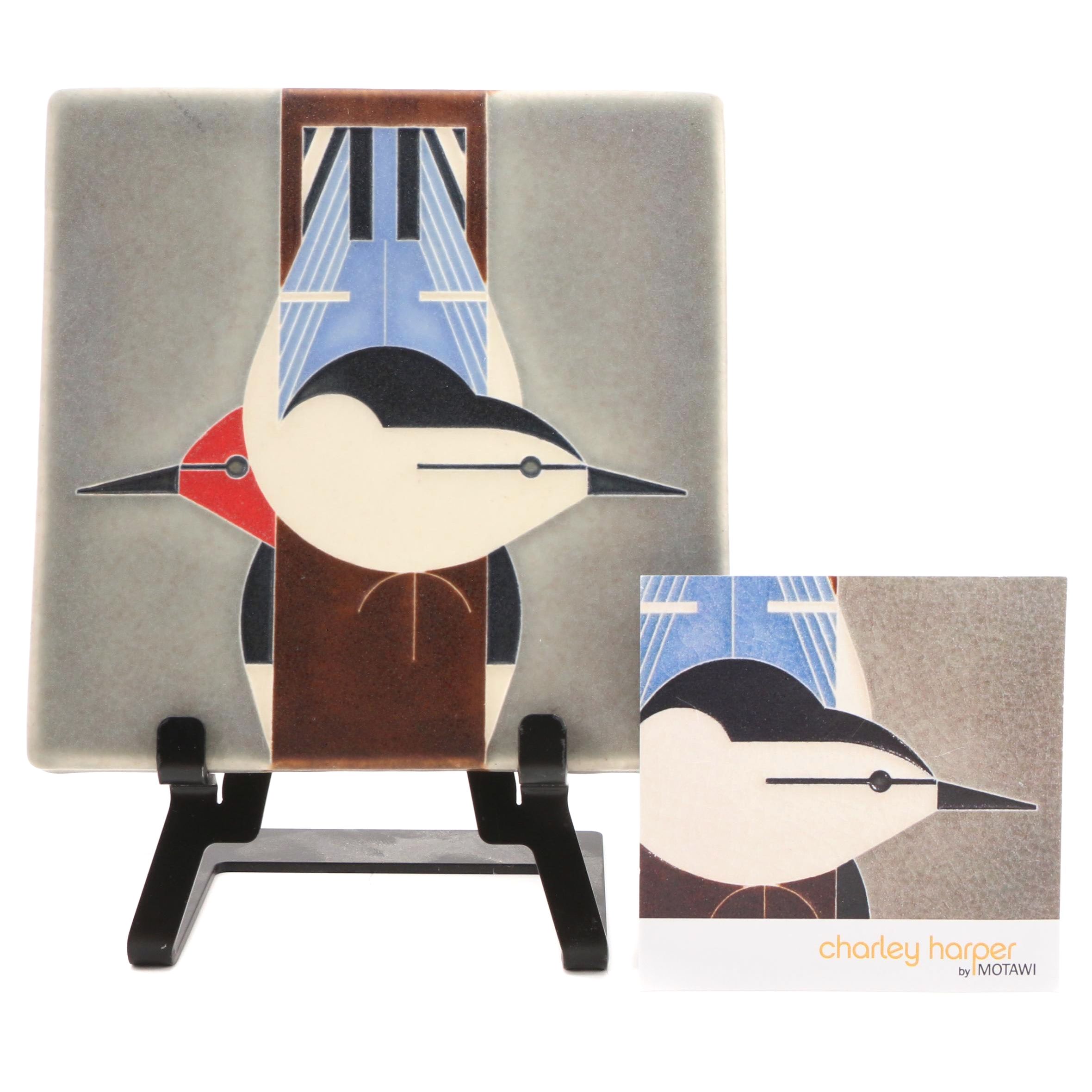 Nawal Motawi "Charley Harper" Minimal Realist Glazed Ceramic Tile with Stand