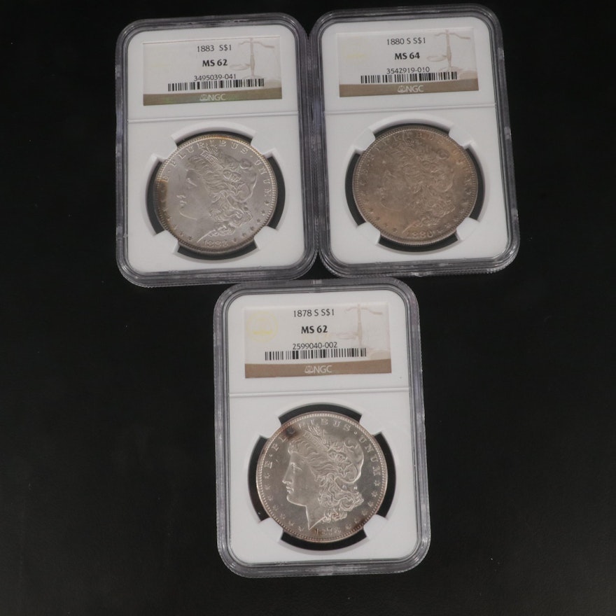Three NGC Graded Morgan Silver Dollars Including 1878-S