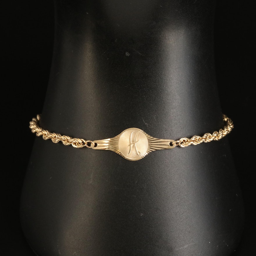 14K "H" Initial Rope Chain Bracelet