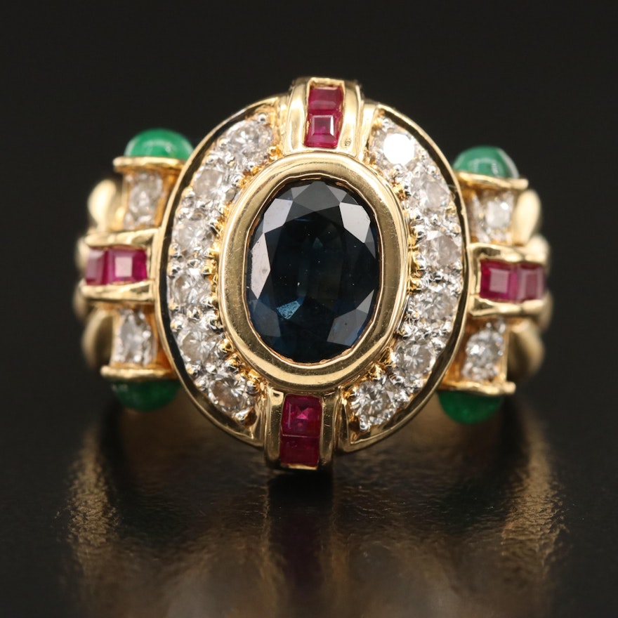 18K Sapphire, Diamond and Gemstone Halo Ring with Fluted Shoulders
