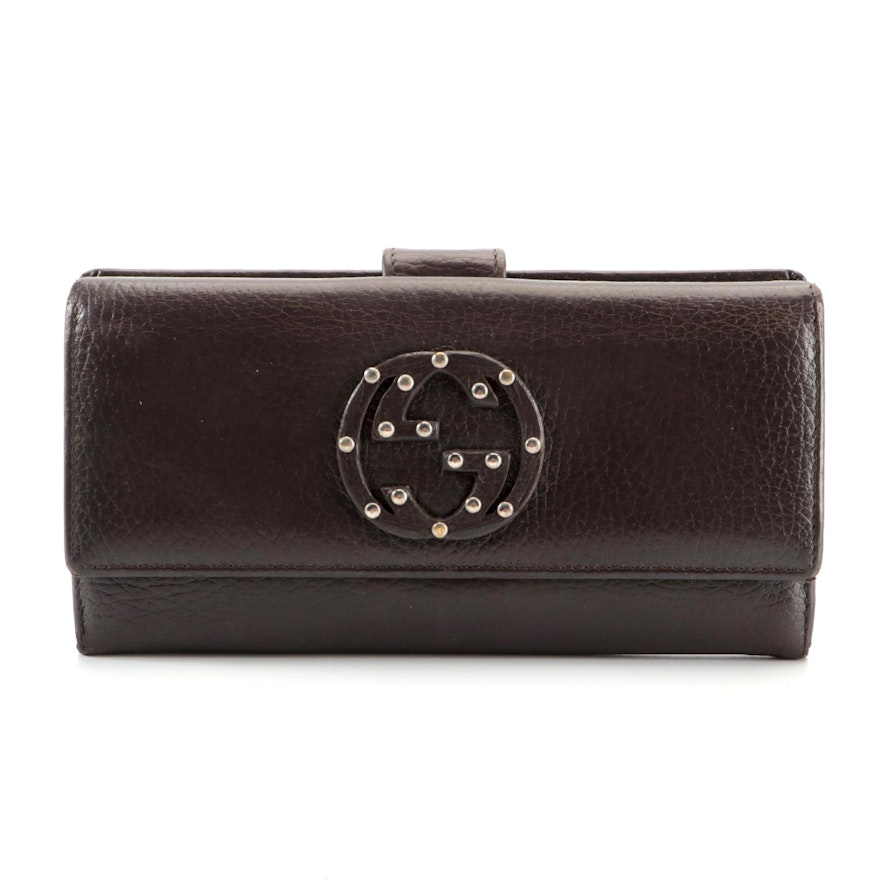 Gucci Long Wallet in Grained Leather with Embellished Interlocking GG