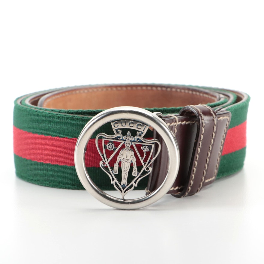 Gucci Hysteria Crest Belt in Green/Red Nylon Webbing and Dark Brown Leather