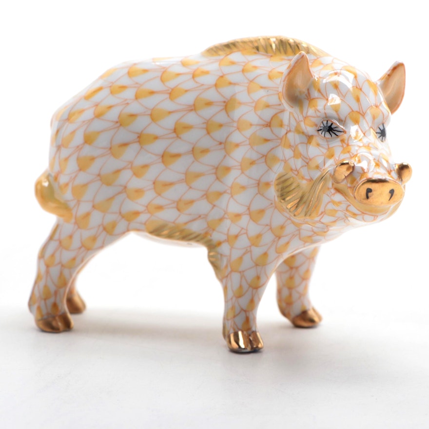 Herend Butterscotch Fishnet with Gold "Wild Boar" Porcelain Figurine, 1996