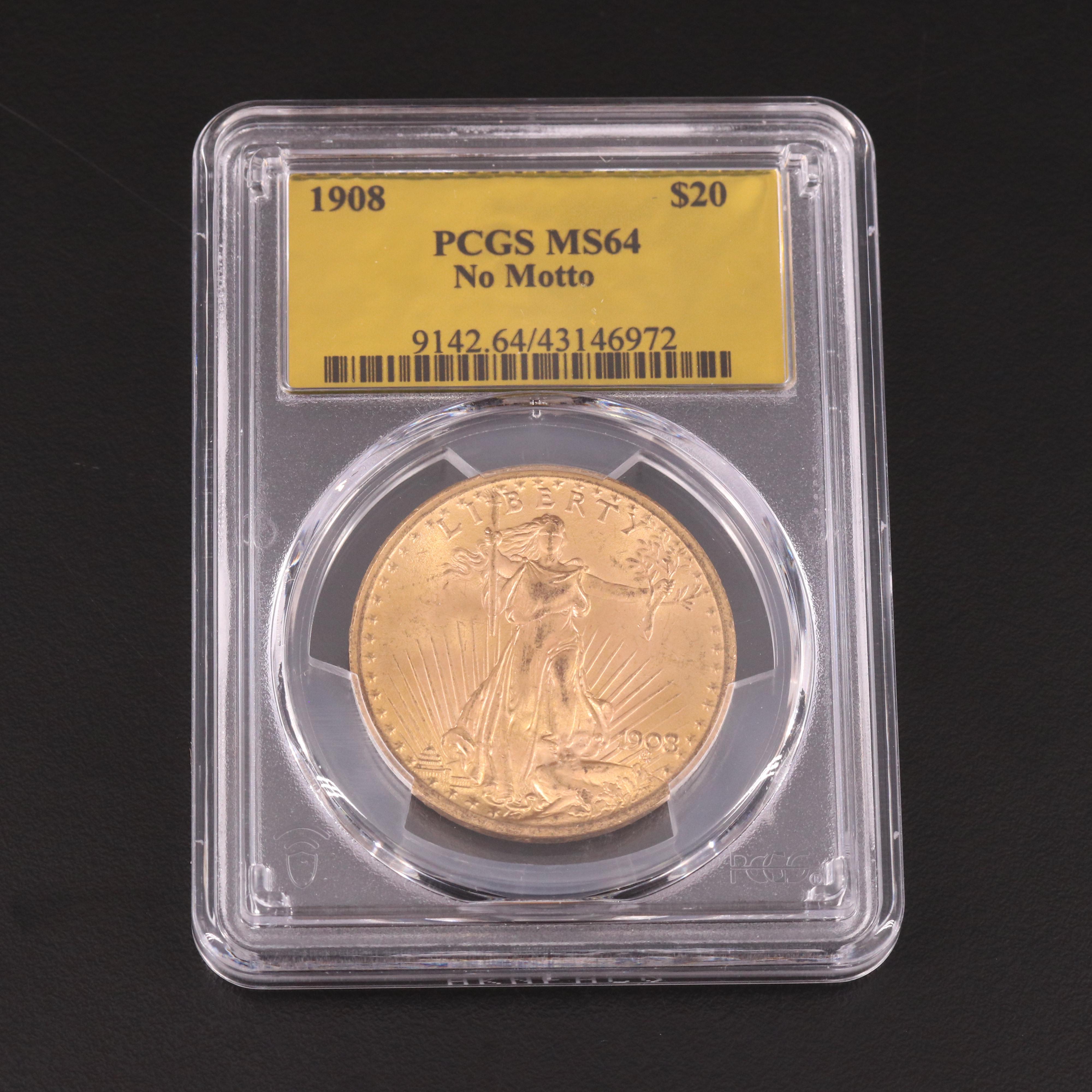 PCGS Graded MS64 1908 "No Motto" Saint Gaudens $20 Gold Coin
