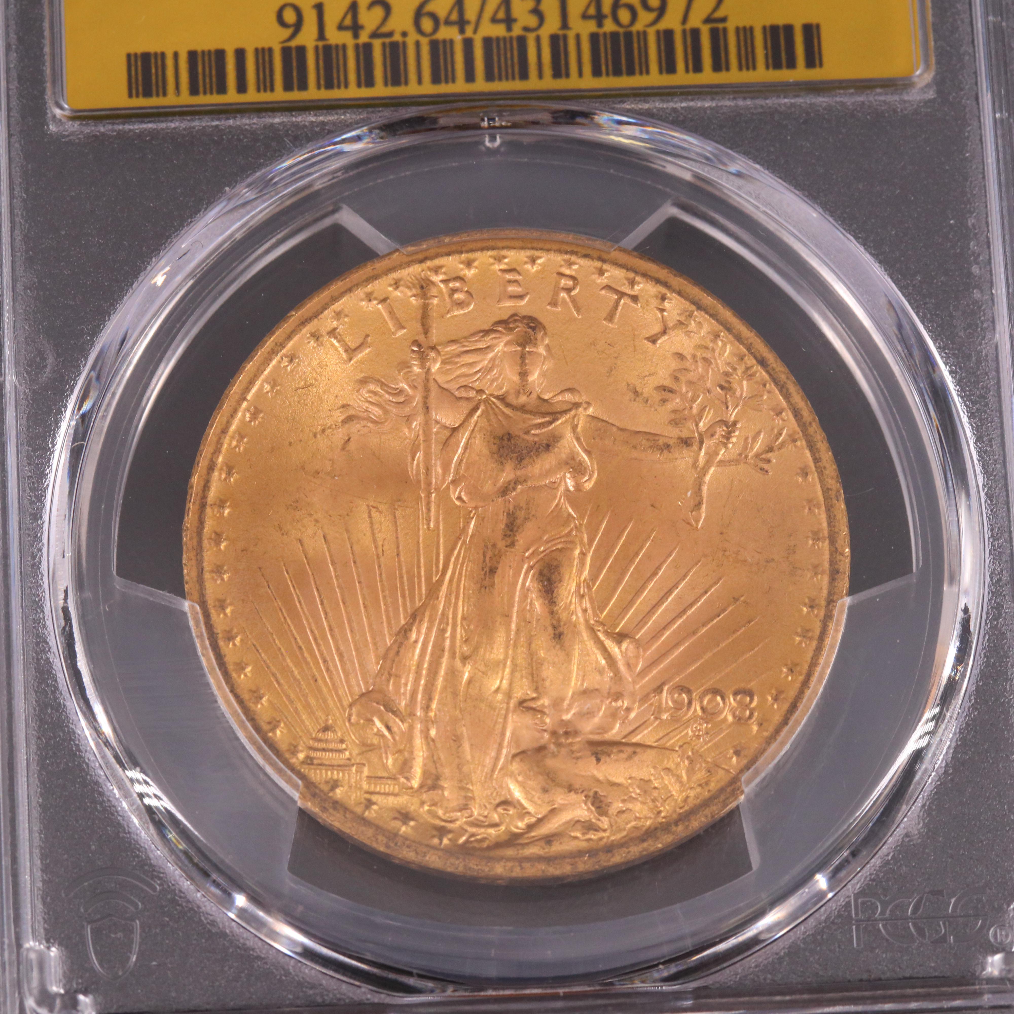 PCGS Graded MS64 1908 "No Motto" Saint Gaudens $20 Gold Coin
