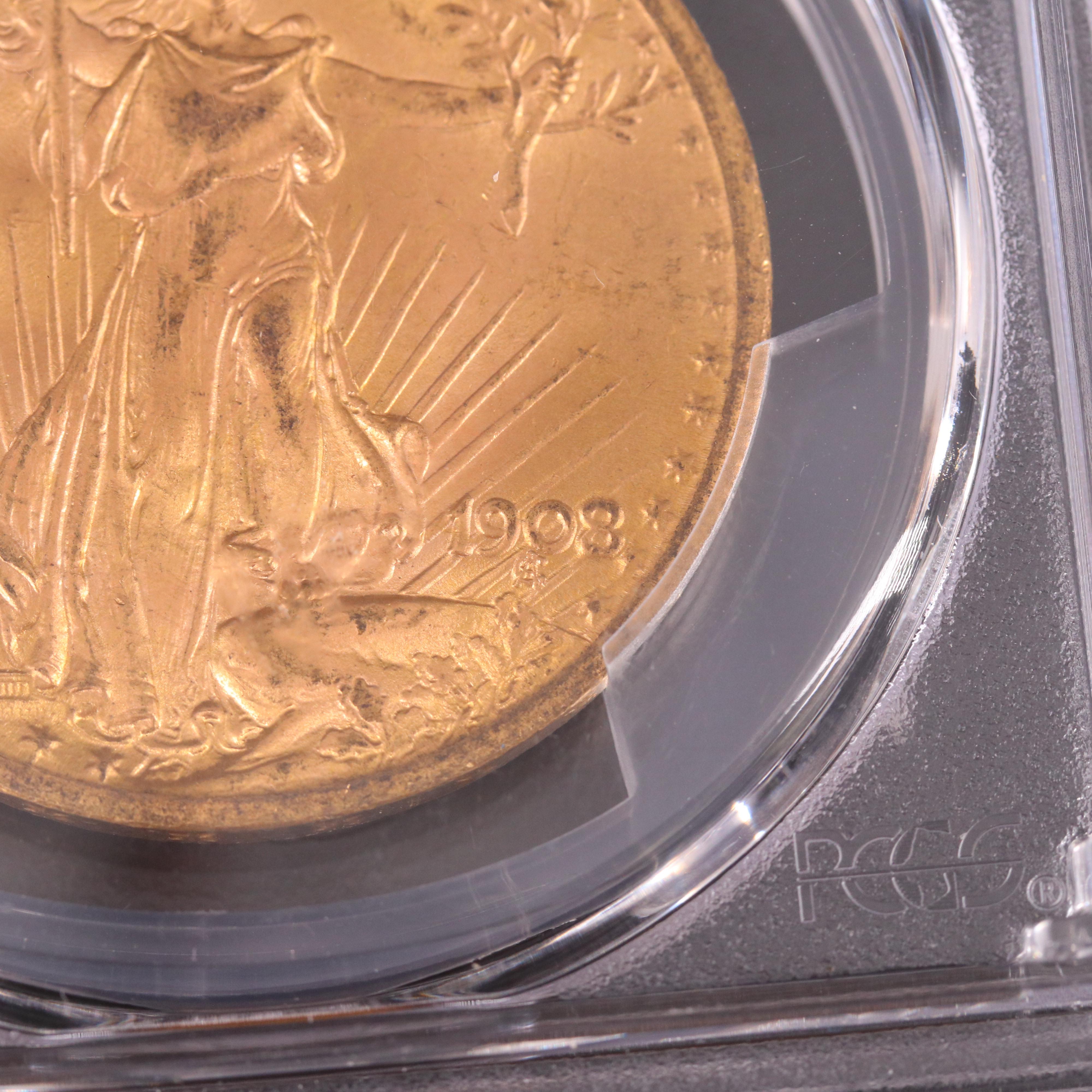 PCGS Graded MS64 1908 "No Motto" Saint Gaudens $20 Gold Coin