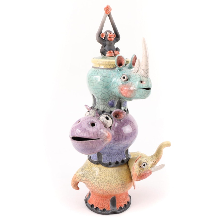 Peter Alsen Whimsical Raku Pottery Animal Themed Lidded Vessel