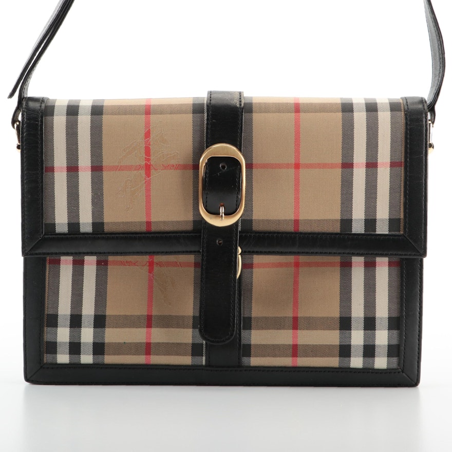 Burberry Front Flap Shoulder Bag in "Haymarket Check" Twill and Black Leather