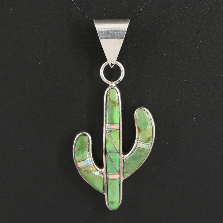 Sterling Turquoise and Opal Inlay Saguaro Cactus Pendant