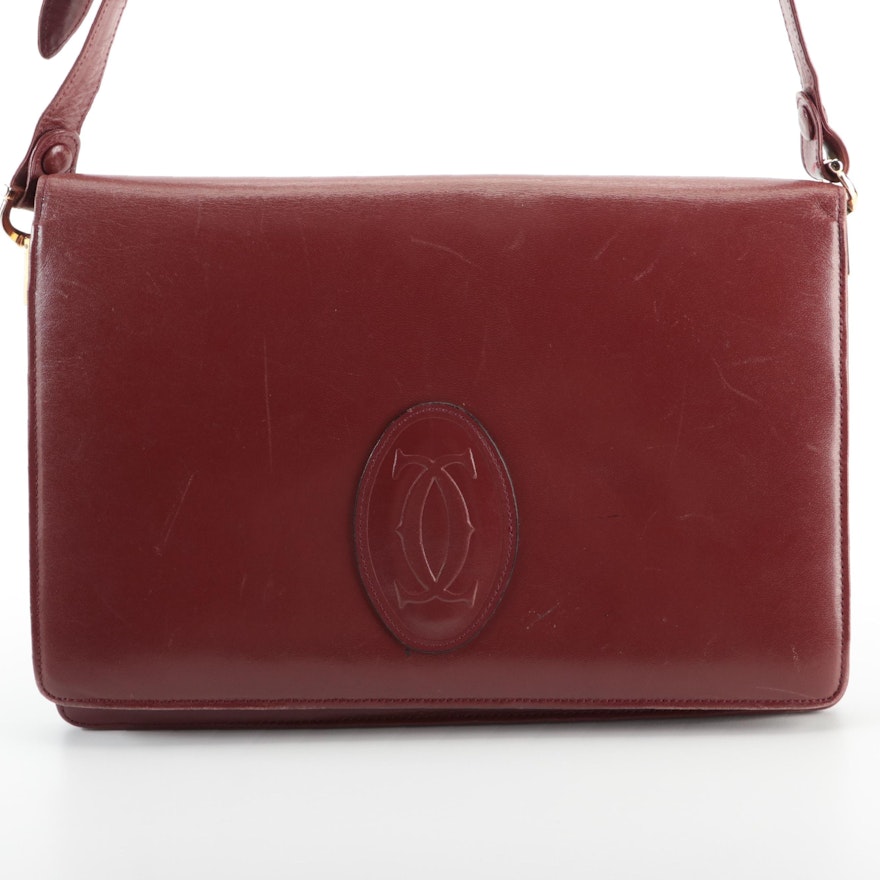 Cartier Medium Double Flap Shoulder Bag in Burgundy Calfskin Leather
