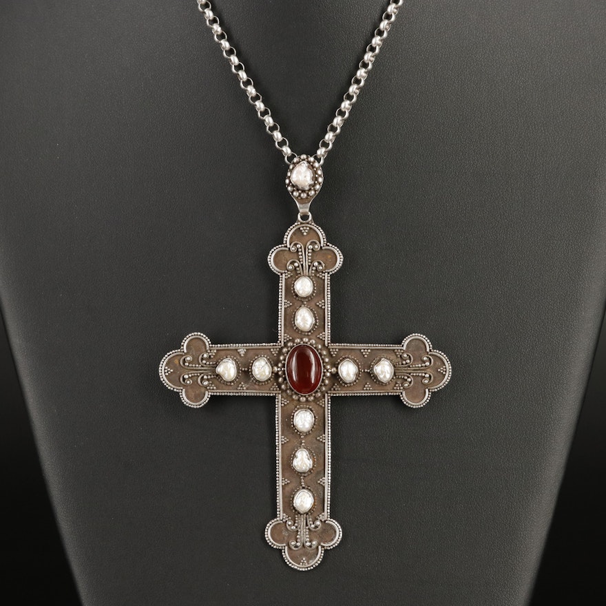 Sterling Pearl and Carnelian Trefoil Cross Pendant on 835 Rolo Chain Necklace