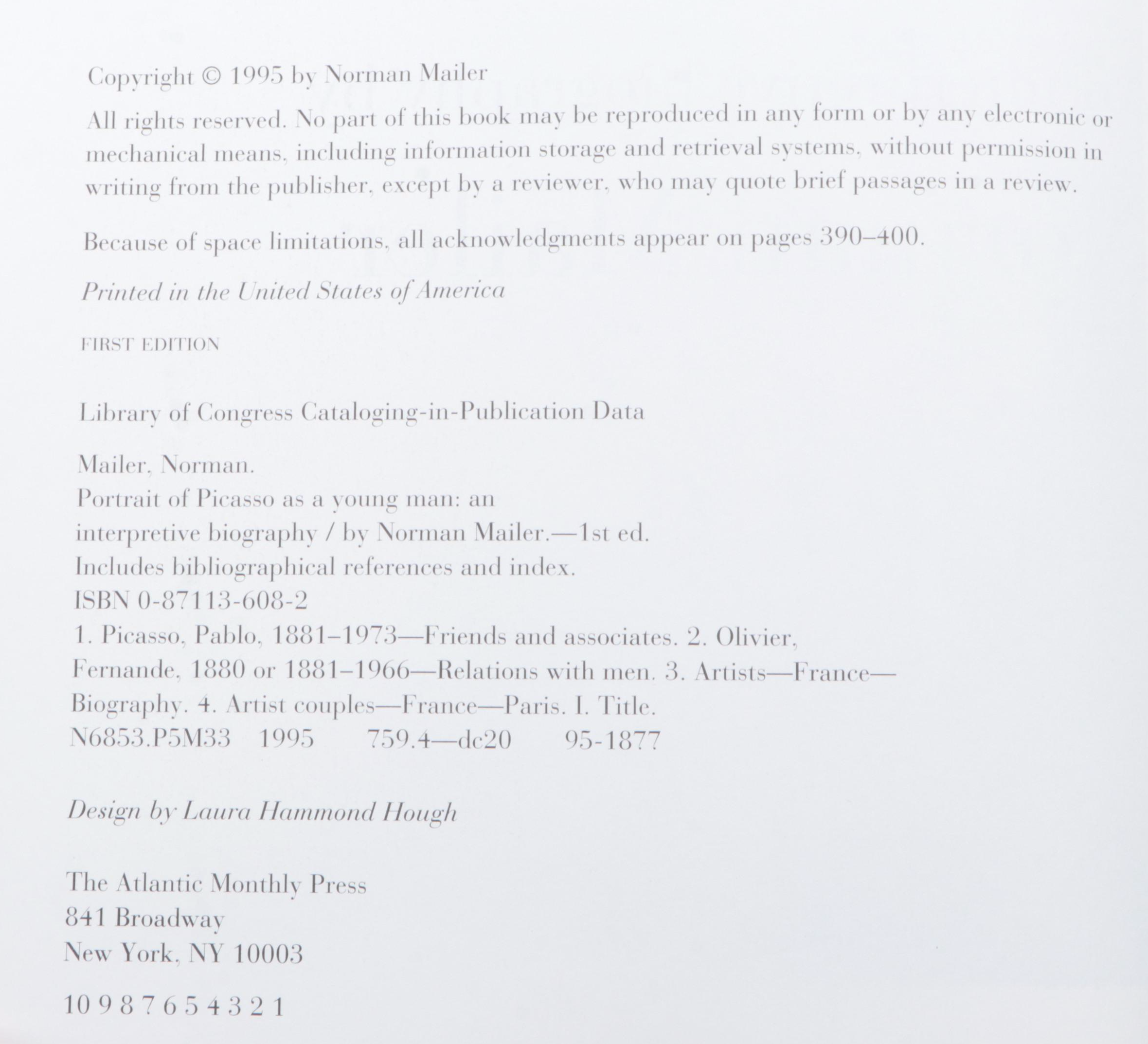 First Edition "Portrait of Picasso as a Young Man" by Norman Mailer, 1995