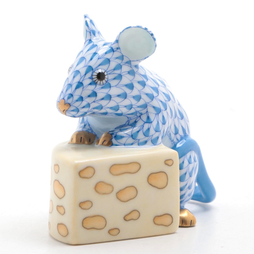 Herend Blue Fishnet with Gold "Mouse with Cheese" Porcelain Figurine