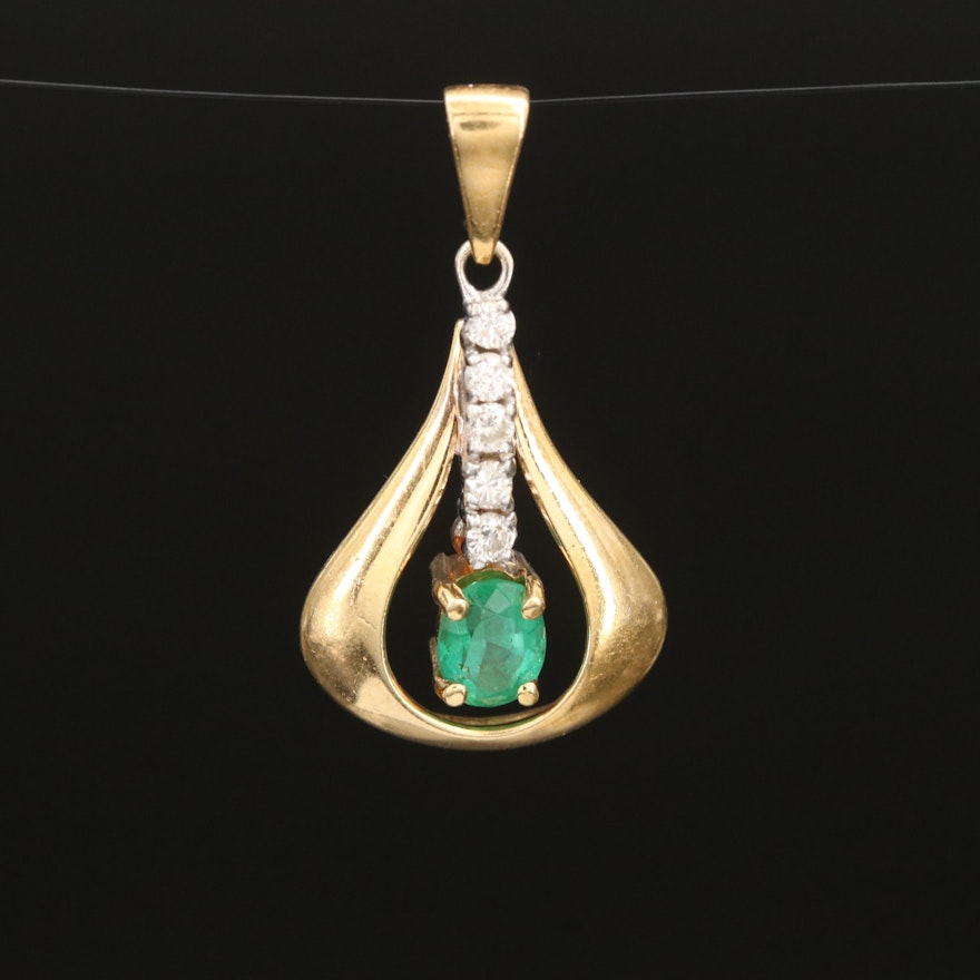 18K Two-Tone Teardrop Emerald and Diamond Pendant