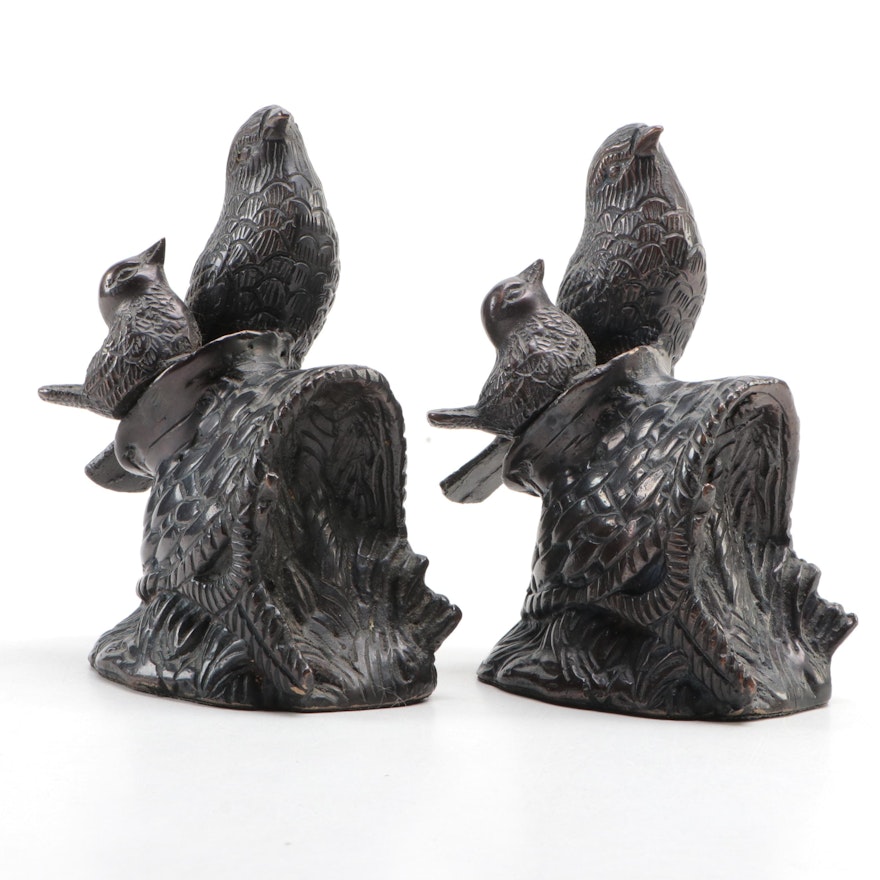 Bronze Sparrow on Basket Bookends, Early to Mid-20th Century