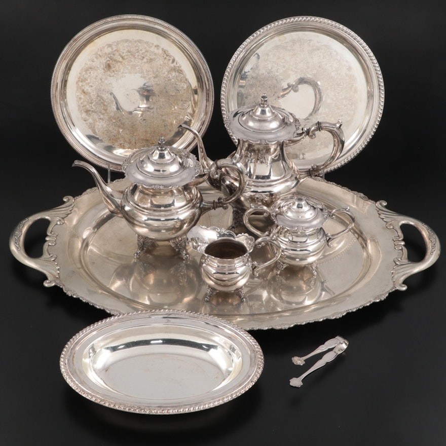 Japanese Silver Plate Coffee and Tea Set with Other Silver Plate Trays and Bowl