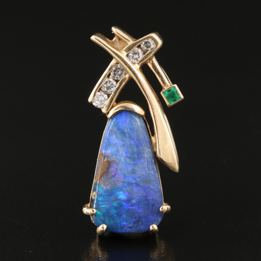 14K Opal, Diamond and Emerald Slide Pendant
