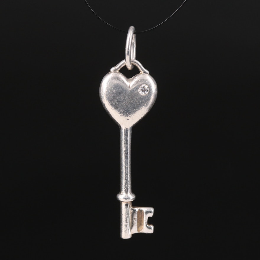 Tiffany & Co. Sterling Diamond Heart Key Pendant