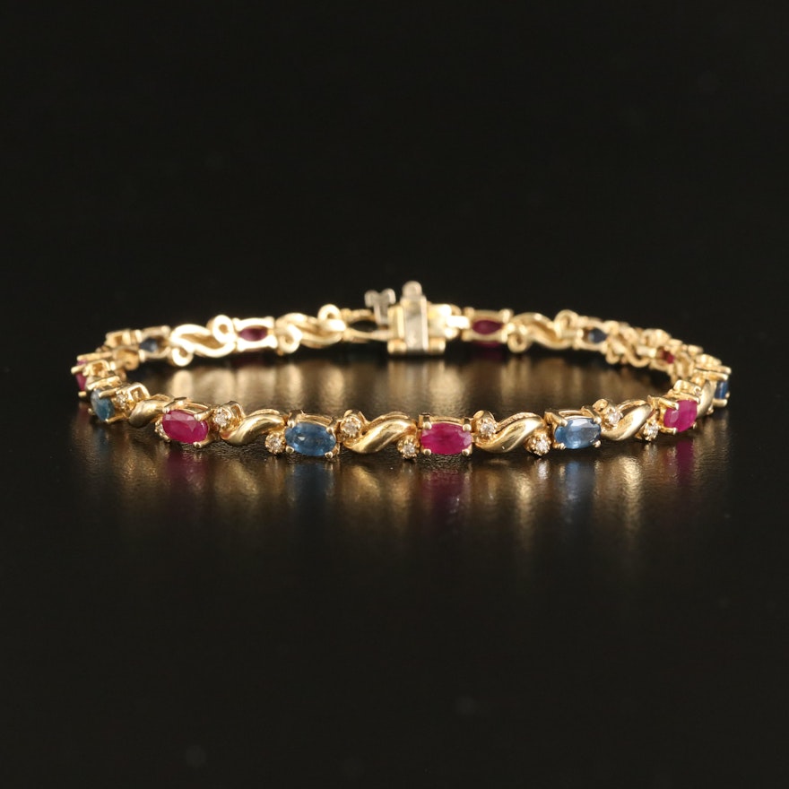 14K Sapphire, Ruby and Diamond Bracelet