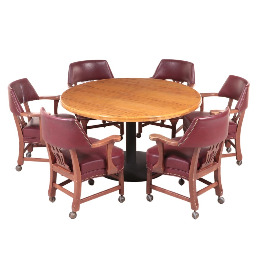 Oak and Metal Pedestal Table with Six Chippendale Style Armchairs on Casters