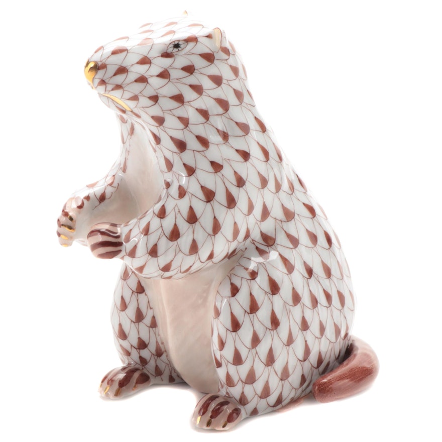 Herend Chocolate Fishnet with Gold "Marmot" Porcelain Figurine