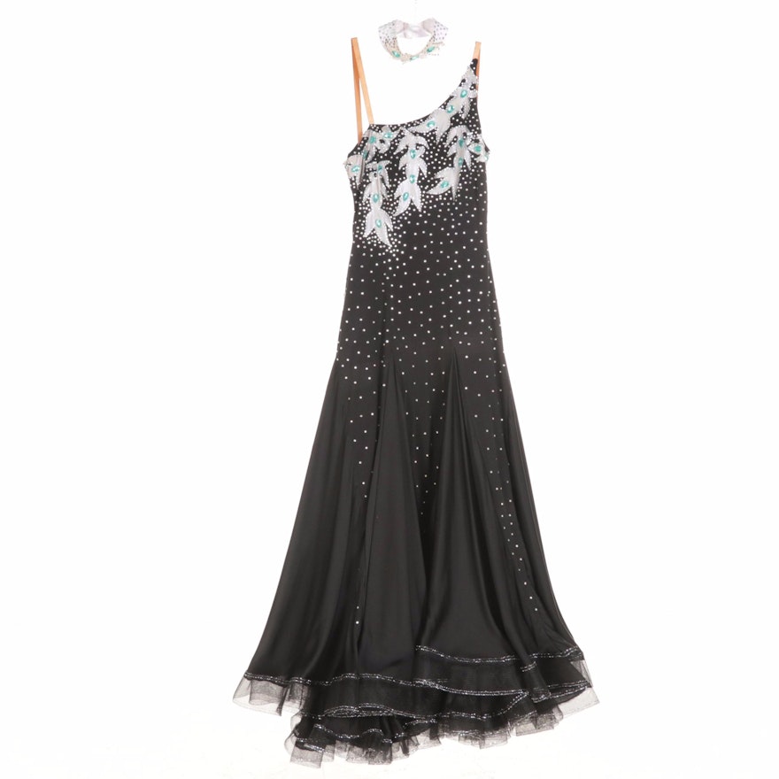 Rhinestone and Appliqué-Embellished Ballroom Dancing Dress with Accessories