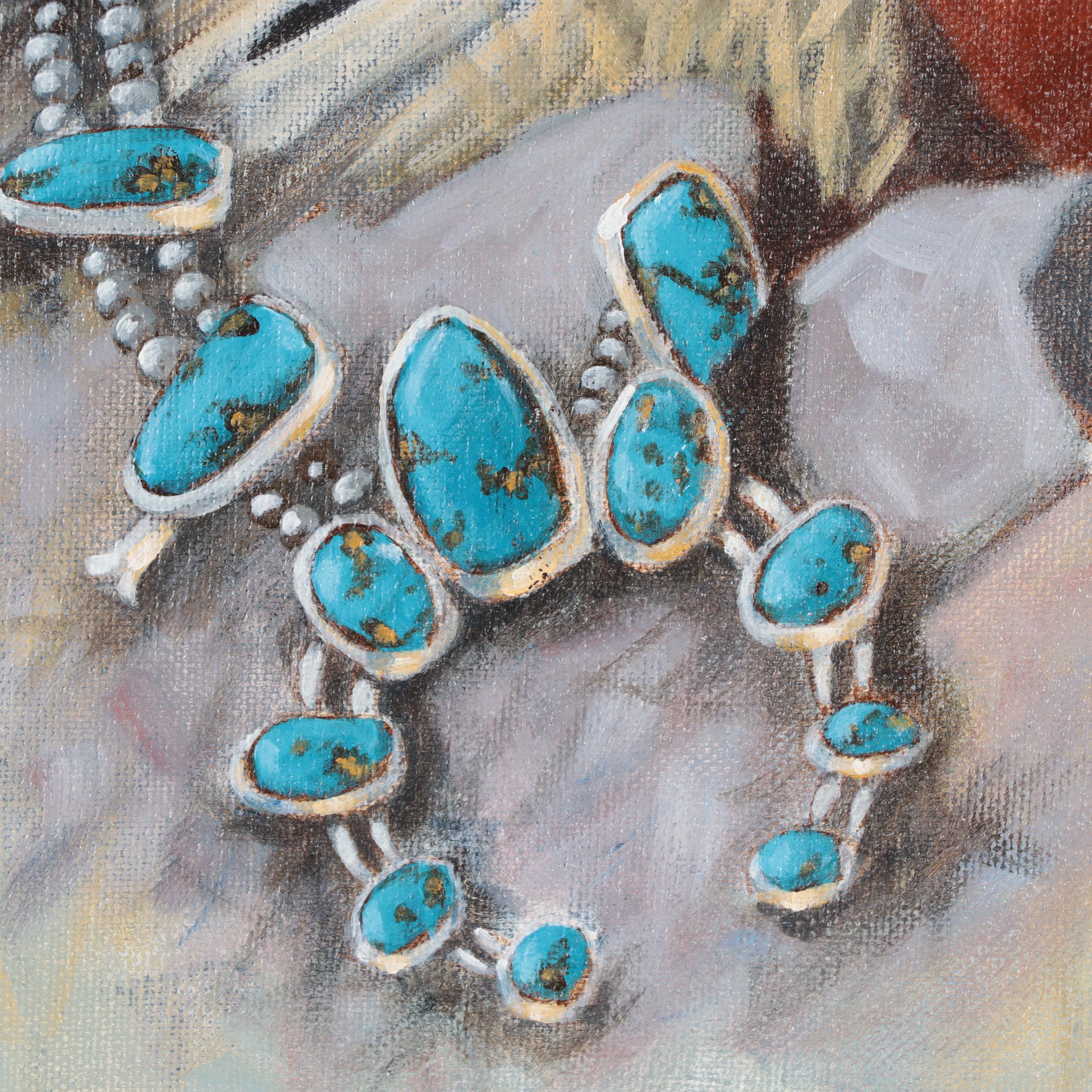 Daniel Yazzie Southwestern Still Life Oil Painting of Jewelry and Pottery