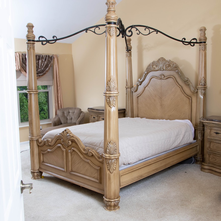 Michael Amini for AICO Four Poster Queen Bed and Iron Canopy