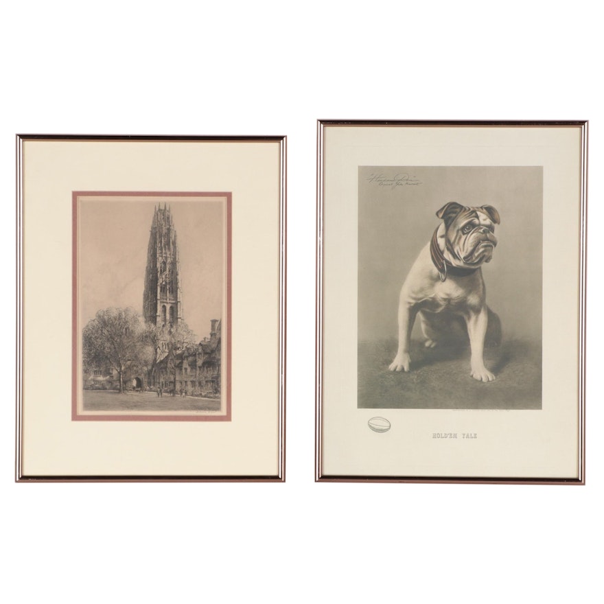 Louis Orr Etching "Harkness Tower," and Offset Lithograph "Handsome Dan"