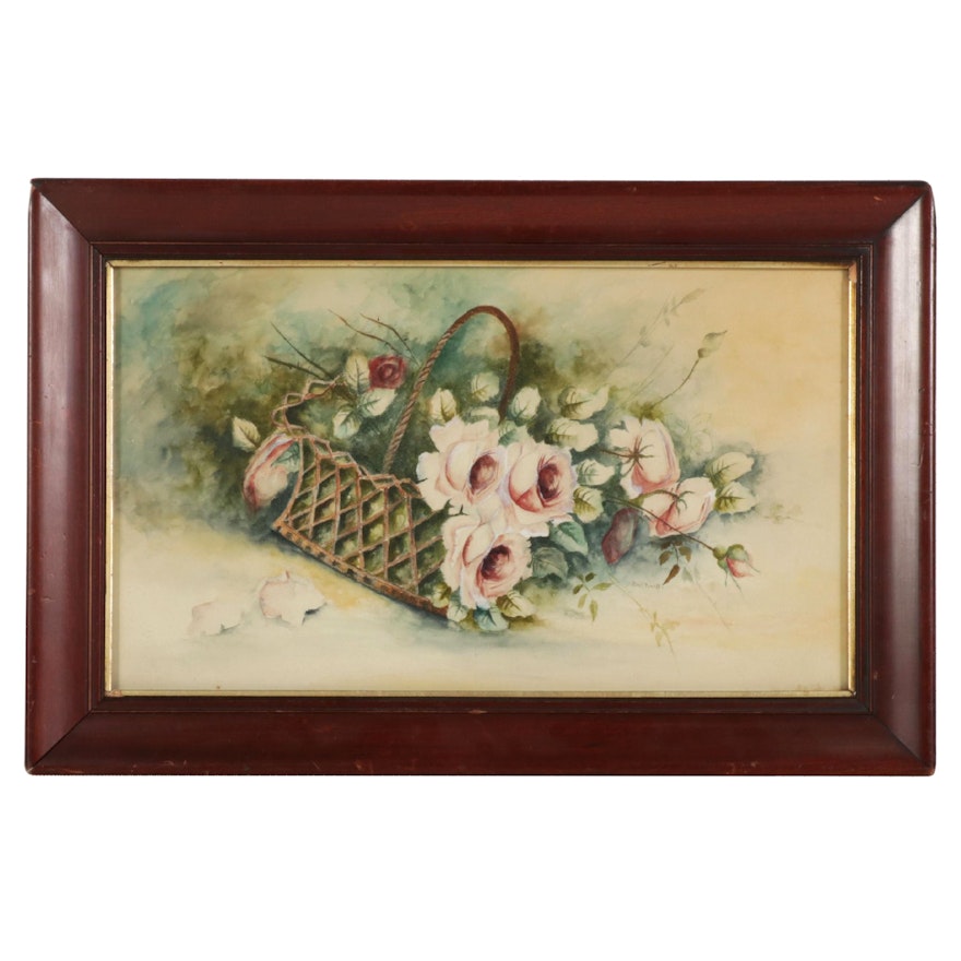 Basket of Roses Watercolor Painting, Late 19th-Early 20th Century