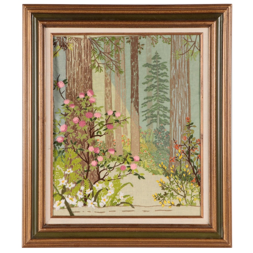 Hand-Embroidered Landscape Panel of Forest Scene in Frame