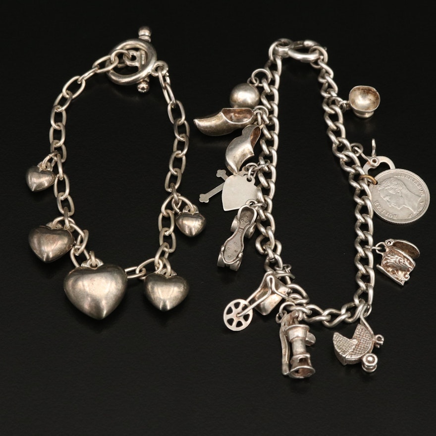 Sterling Charm Bracelets with Vintage and Heart Charms