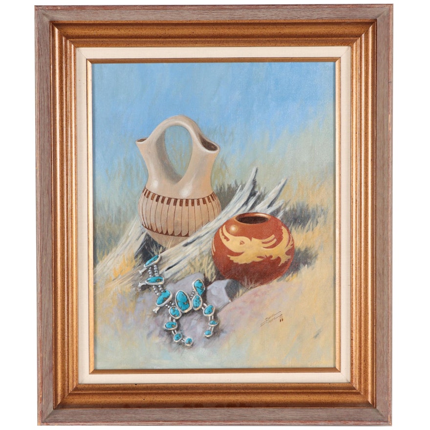 Daniel Yazzie Southwestern Still Life Oil Painting of Jewelry and Pottery