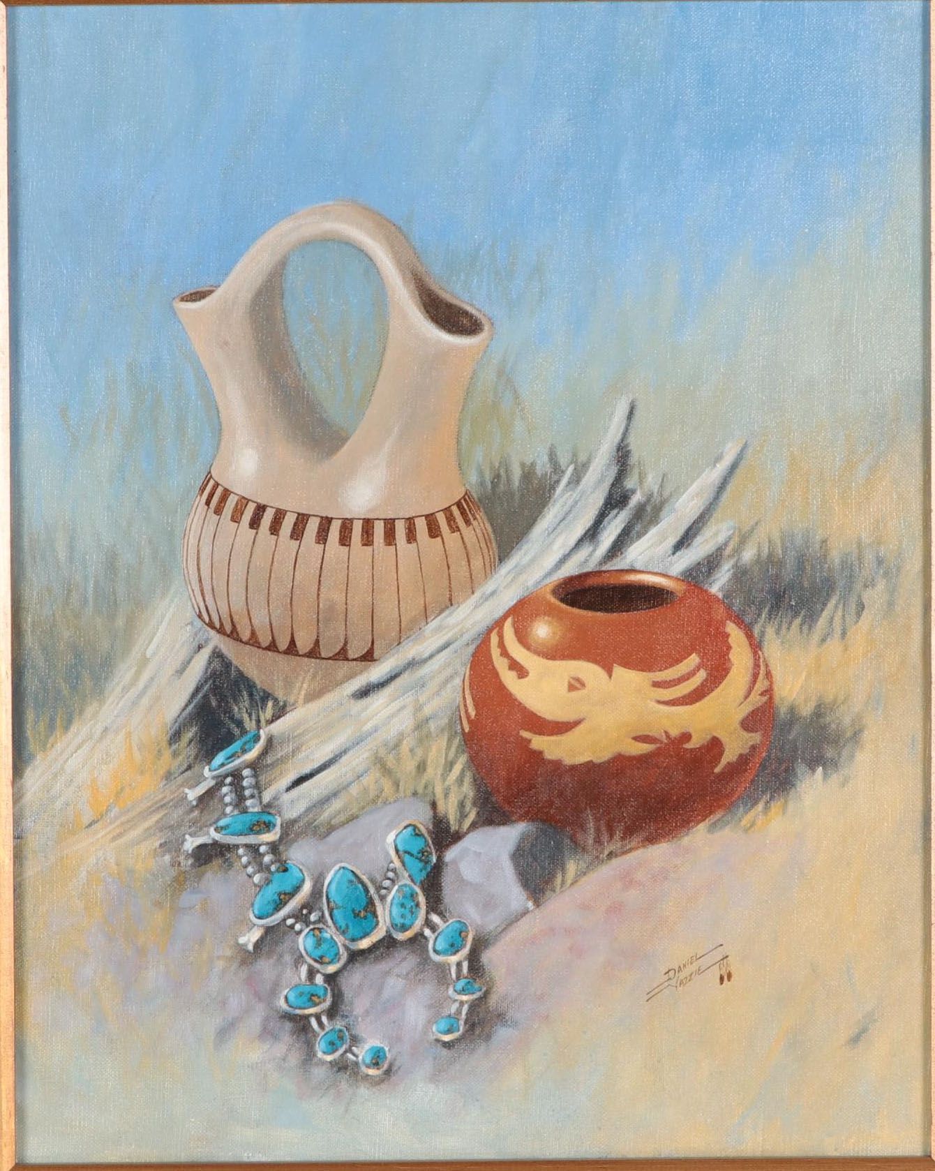 Daniel Yazzie Southwestern Still Life Oil Painting of Jewelry and Pottery