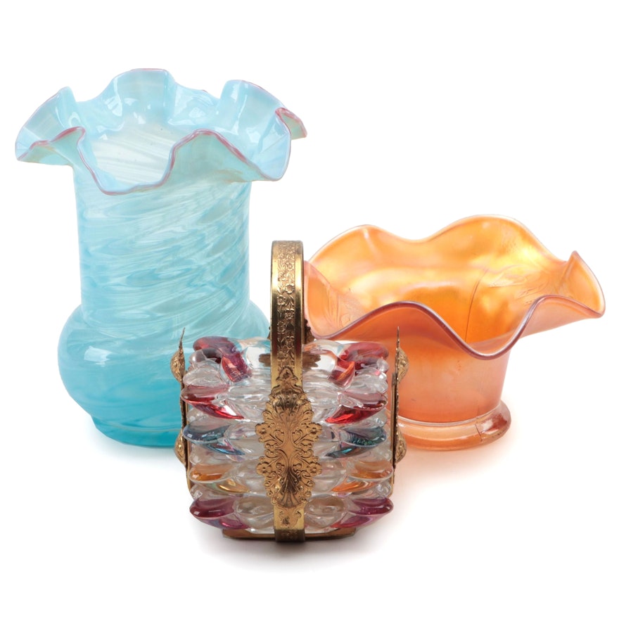 Carnival Glass and Blue Glass Ruffled Rim Vases with Ashtrays and Caddy