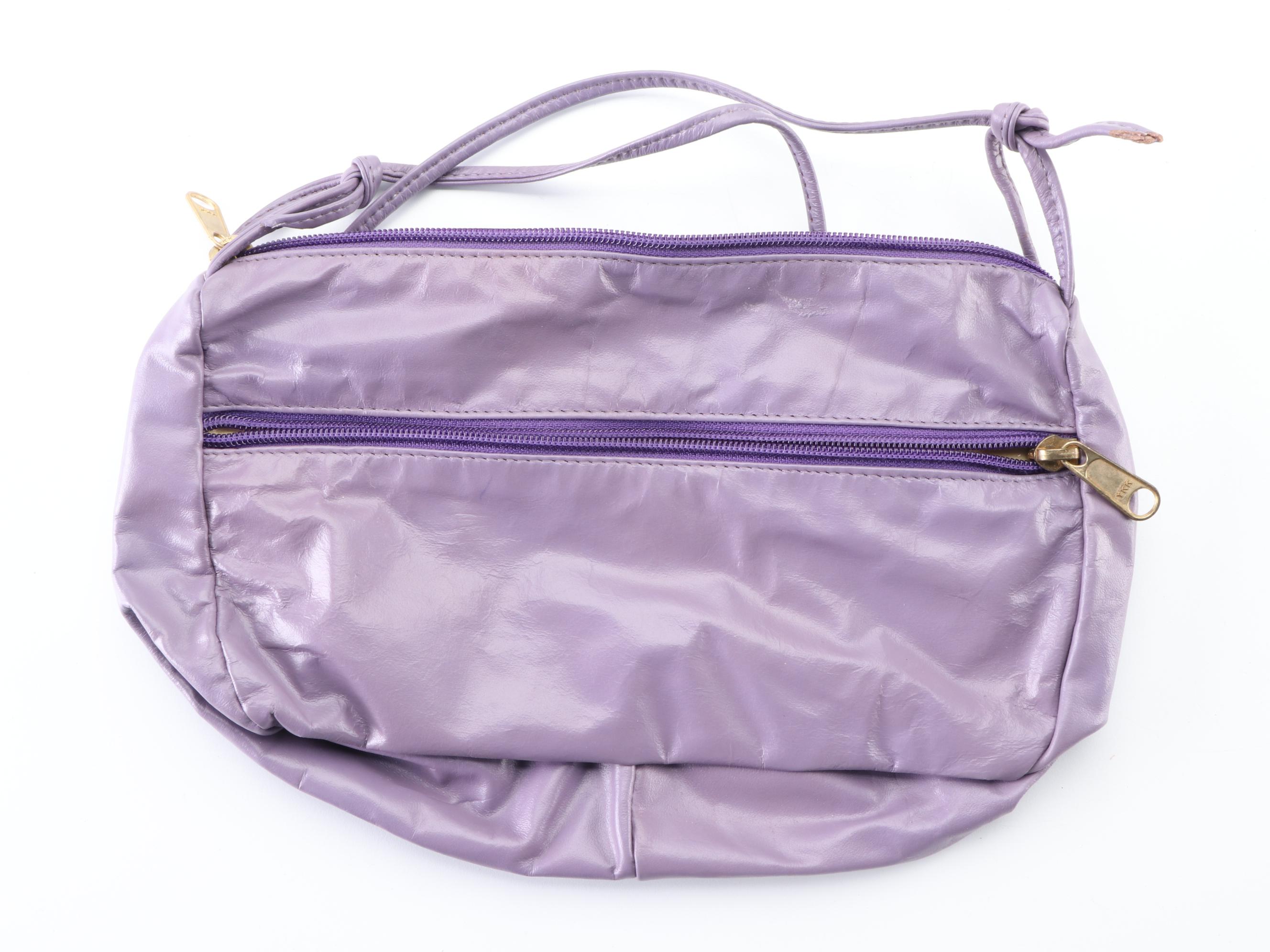 Purple Leather and Black Fabric Crossbodies, Black Satin Clutch, Kisslock Pouch