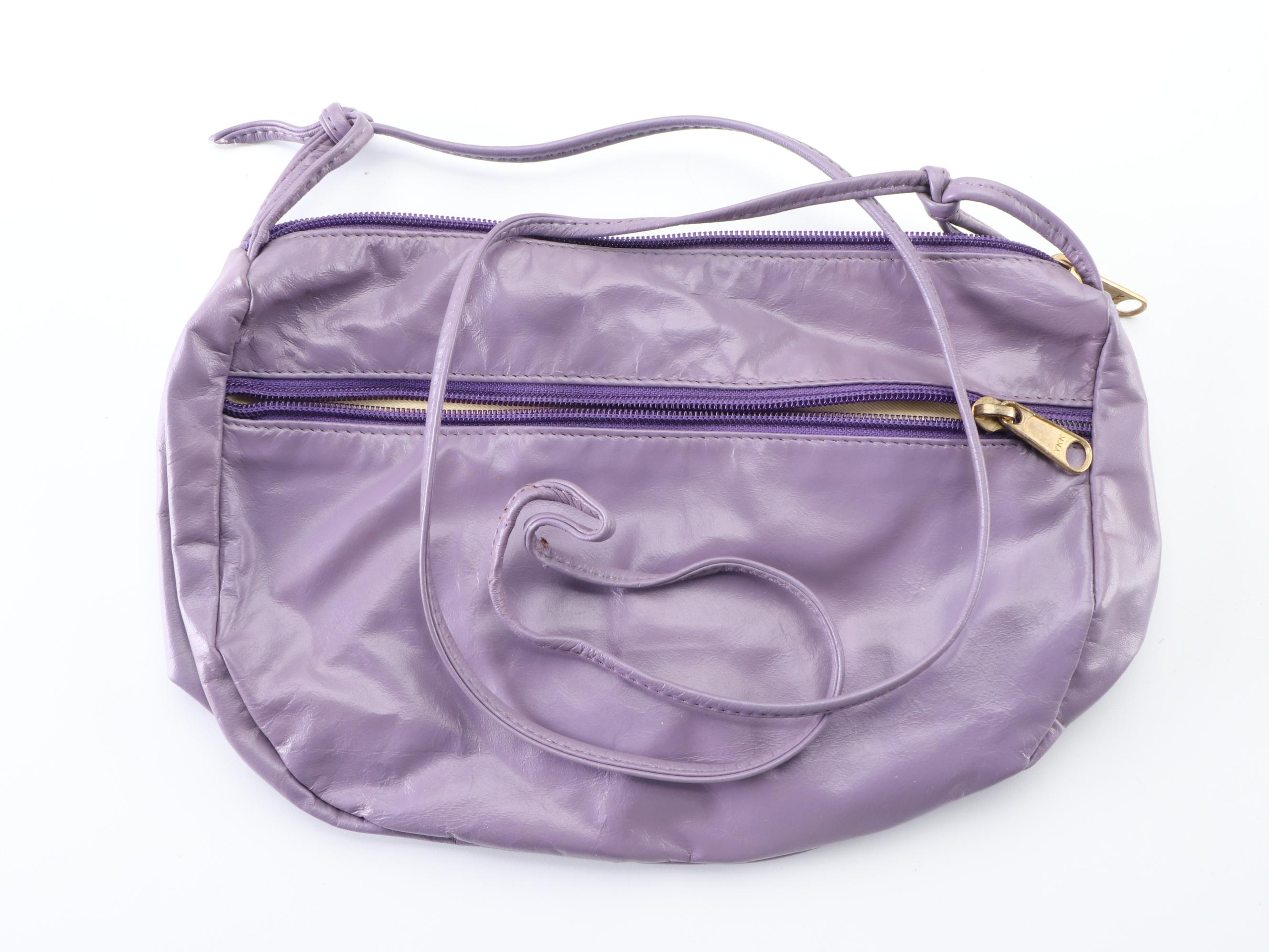 Purple Leather and Black Fabric Crossbodies, Black Satin Clutch, Kisslock Pouch